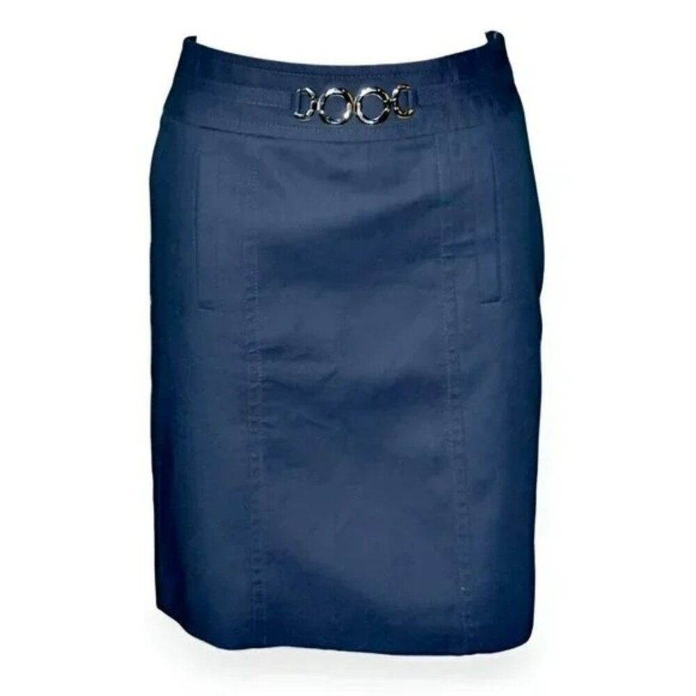 Ann Taylor Navy Blue Silver Chain Straight Cotton Dress Pencil Skirt 0 Petite 0P